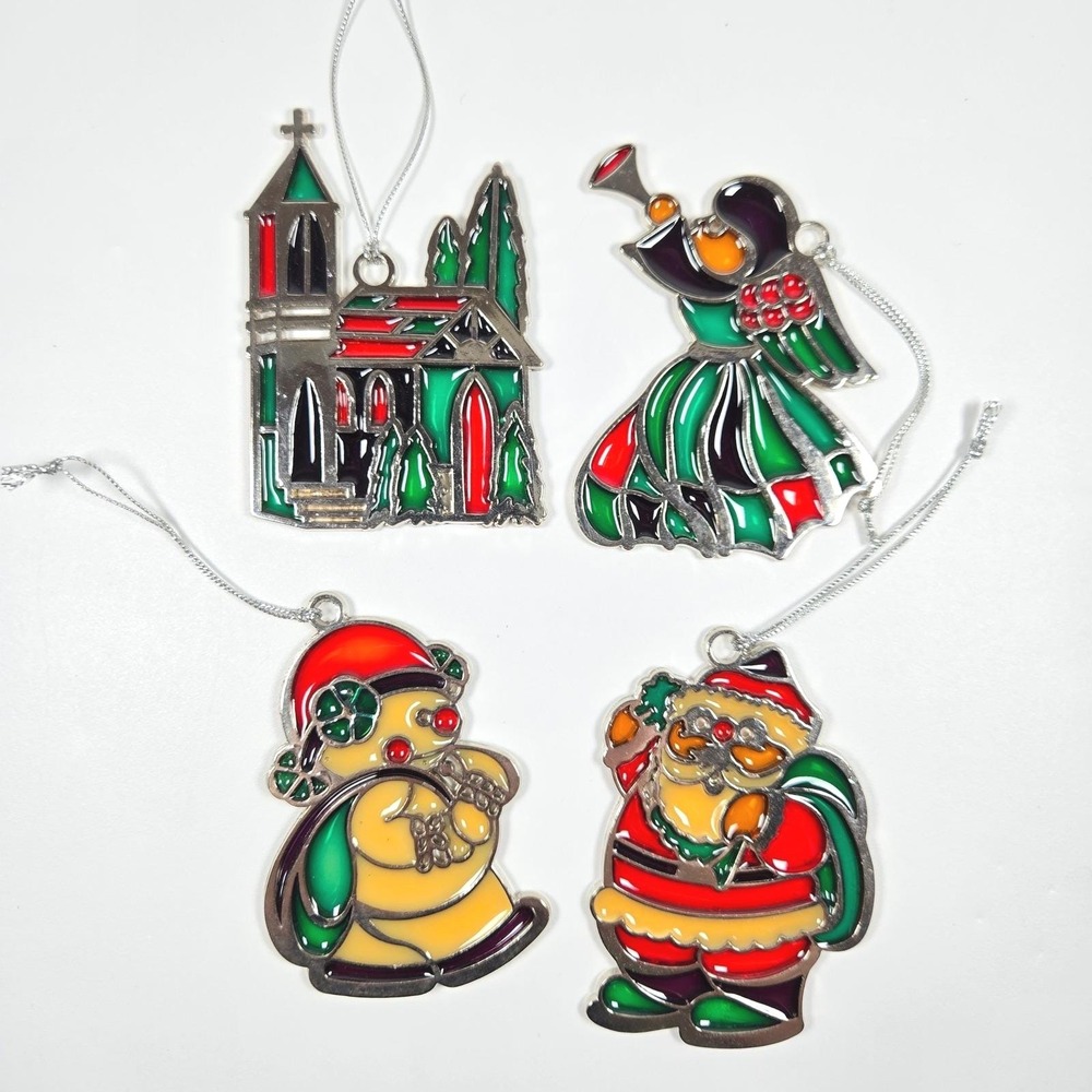 Vintage Russ Berrie stained‎ glass style Ornaments Church Angel Santa Snowman